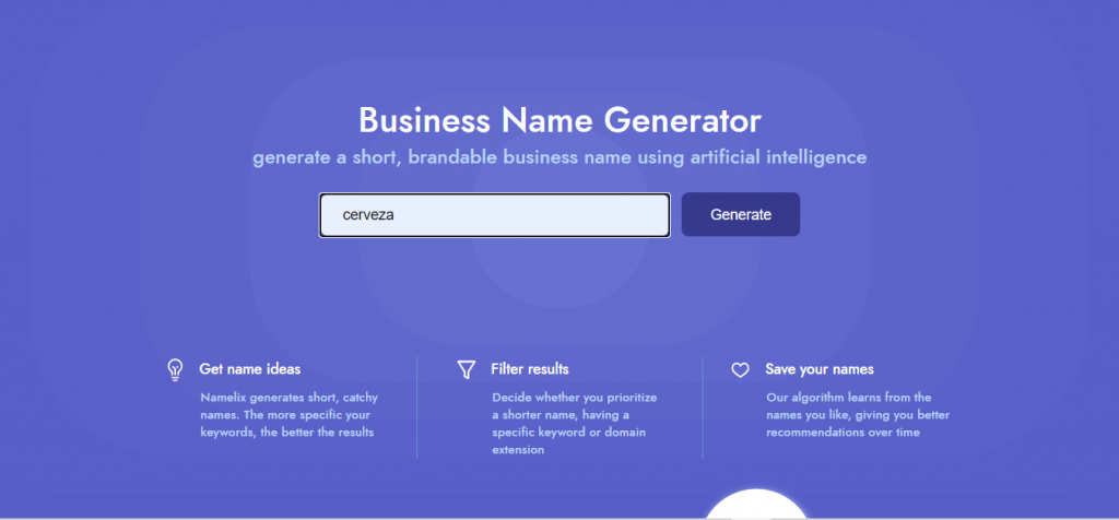 introduccion de keywords Namelix, generador de nombres de negocio con IA