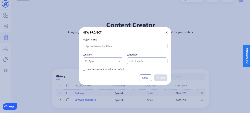 creacion proyecto Reseña y tutorial de WriterZen, herramienta SEO para la creación de contenido