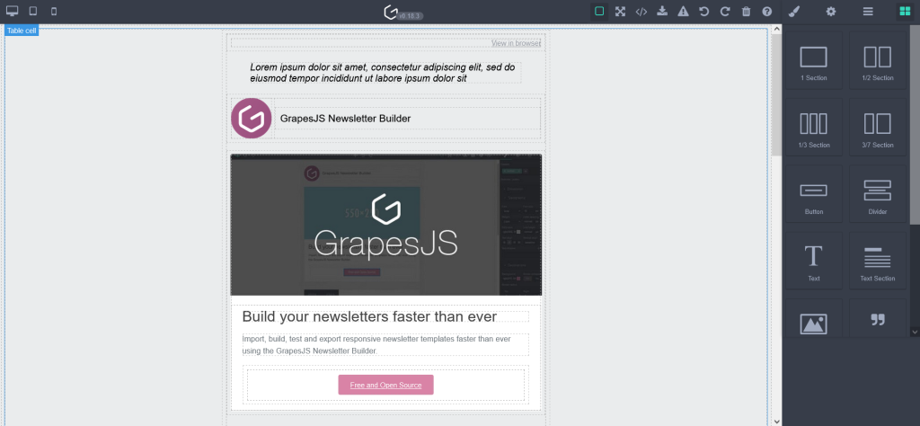 interfaz de construcción de webs en GrapesJS.com