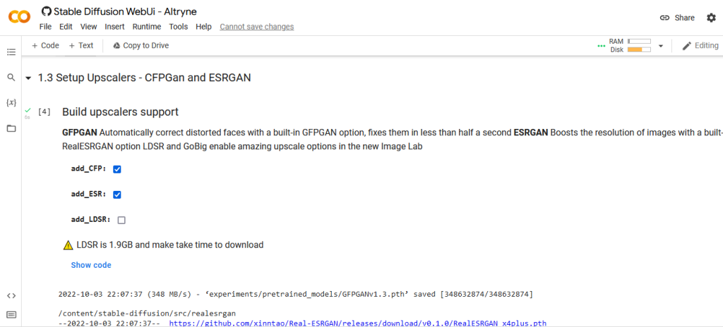 Paso 3.4. Instalando GFPGan y ESRGAN Paso a paso: ejecuta Stable Diffusion gratis en Google Colab